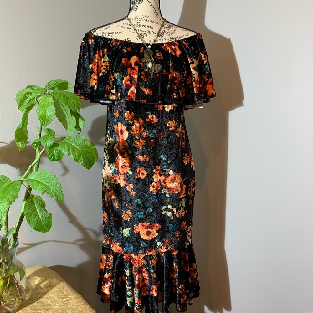 Cici Lularoe Velvet Off Shoulder Floral Dress